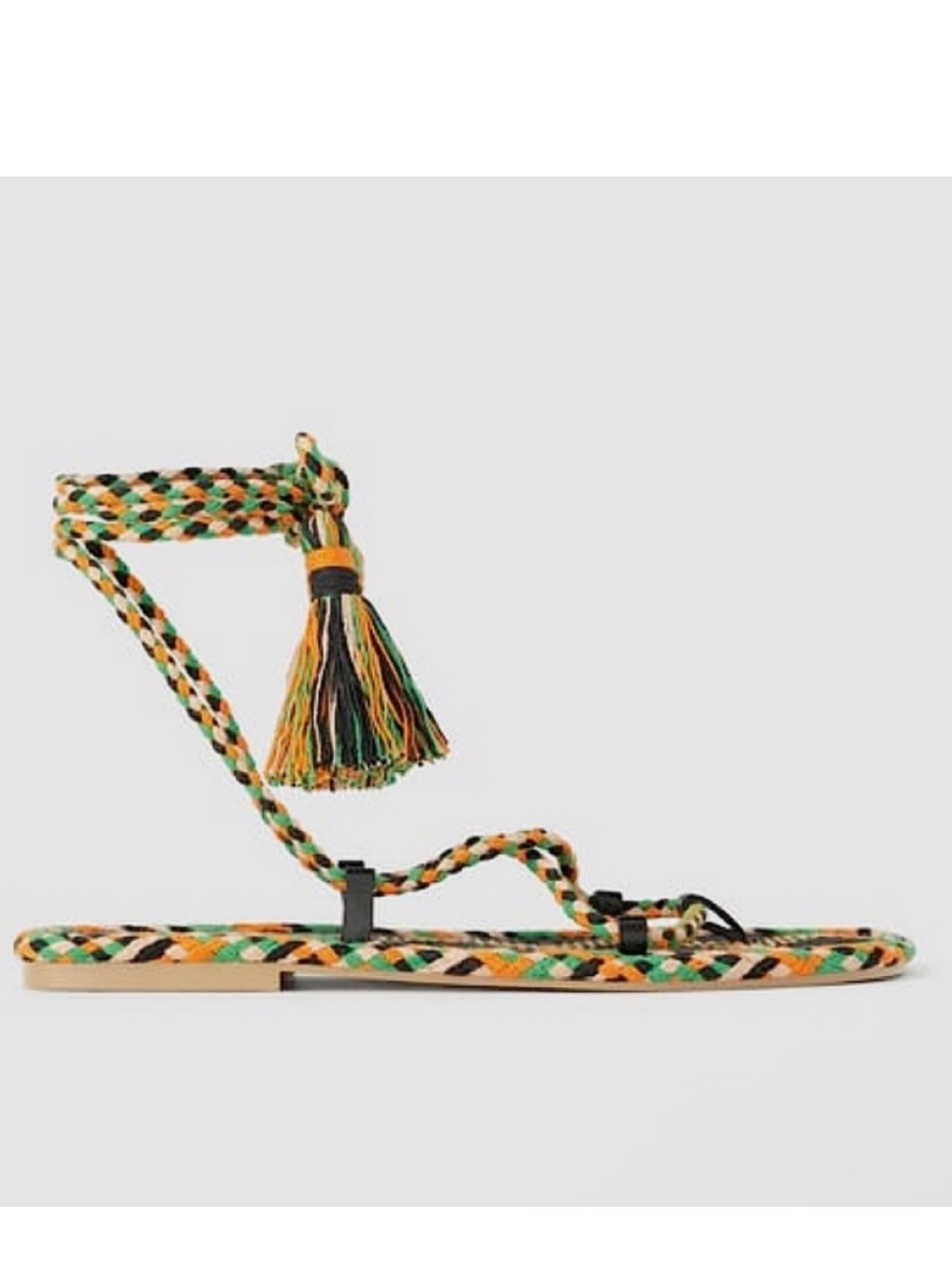 Zara Braided Multi Color Tie Up Tasseled Flat Sandals